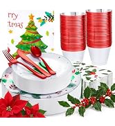 Festiva 176Pcs Christmas Plastic Plates Heavy Duty- Christmas disposable Dinnerware Set-include 5...