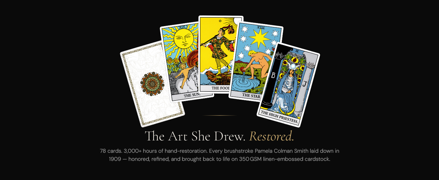 Dionysus Classic Tarot 78 card deck hand restored Rider Waite Smith artwork on black display