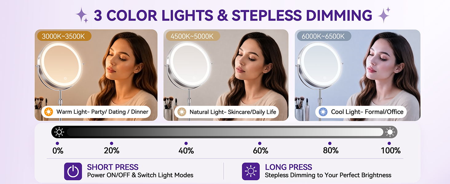 Stepless 1%-100% brightness via touch control, plus 3 light modes for flawless makeup and skincare
