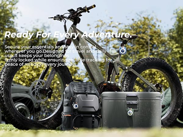 AirTag lock attached to suitcase, backpack, car keys, and stroller for travel security.