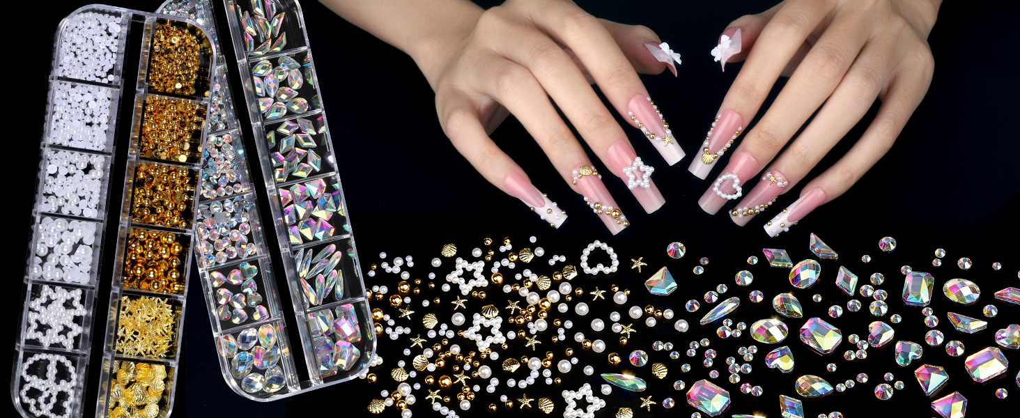 Multi-shape AB Nail Crystal & White and Gold Nail Pearls