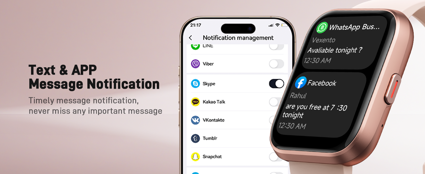 Smartwatch with rose gold case displaying message notifications. Adjacent smartphone screen shows notification management interface with app icons and toggle switches.