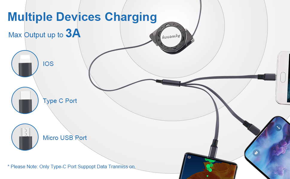 3 Pack Multi Retractable Charging Cable, 3 in 1 USB Charging Cable with USB C/Micro USB/Phone Port,