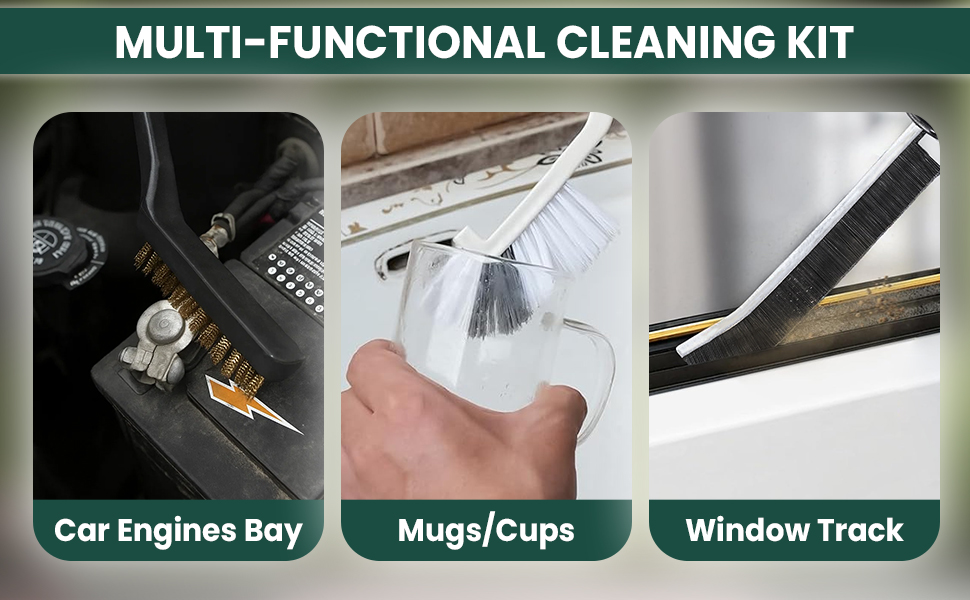 Multi-functional cleaning kit with brushes for car engine bay, mugs/cups, and window tracks
