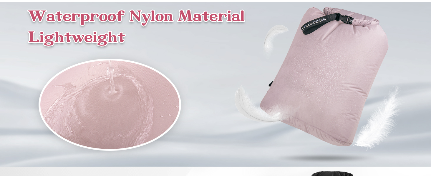 Text reads 'Waterproof Nylon Material Lightweight'. Product appears to be pink-colored waterproof material with close-up texture detail.
