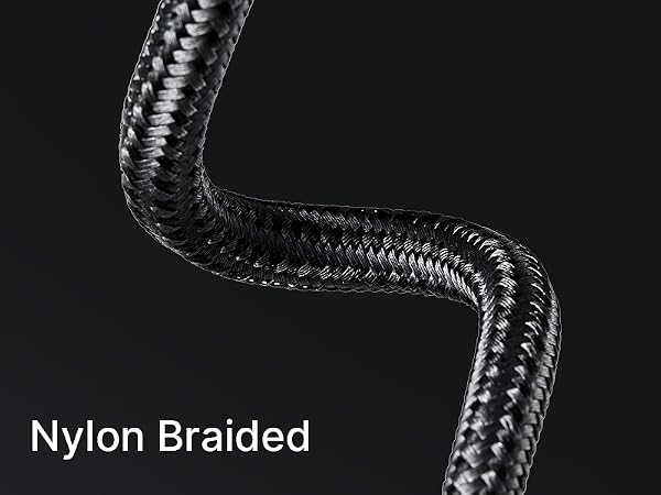 Close-up of a black nylon braided cord or cable against a dark background, showcasing its woven texture and flexibility.