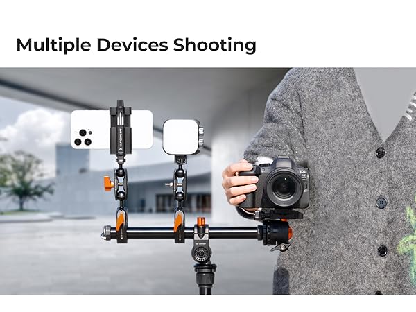 Text reads 'Multiple Devices Shooting'. Series of images showing camera mounting equipment with orange and black components attached to gray surfaces.