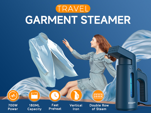 Portable and travel steamer: 700W, 40S fast preheat, 180ML Capacity Water Tank, Double Row of Steam
