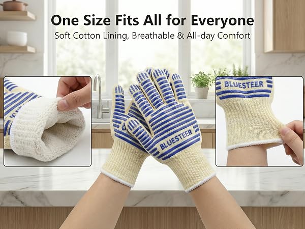 oven mitts with non-slip stripes, soft cotton lining, breathable, one size fits most