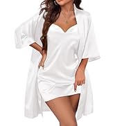 Ekouaer Women's Satin Robe Set Nightgown with Robes Silk Pajama Set 2 Pieces Lingerie Cowl Neck C...