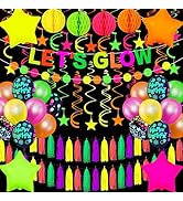 Neon Party Supplies Glow in The Dark Decorations -- Honeycomb Balls, Let's Glow Banner, Circle Ga...