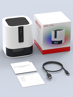 package includes: nightlight bluetooth speaker, usb c charging cord, user manual