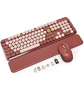 Wireless Keyboard and Mouse Combo with Magnetic Wrist Rest, Round Keycaps, Full-Size Retro Typewr...