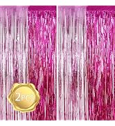 BEISHIDA 2Pcs Hot Pink Pink Door Streamer Hot Pink Backdrop Foil Fringe Tinsel Girls Hot Girls Cu...