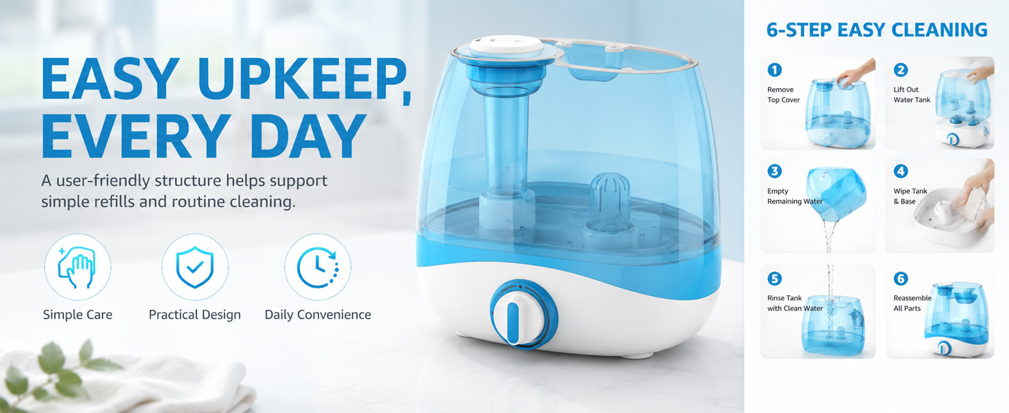 Cool mist humidifier showing easy cleaning steps and removable water tank