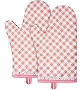 AUAUY Pink Oven Mitts, Kitchen Mittens, 392F Heat Resistant Non-Slip Gloves for Cooking, Baking, ...