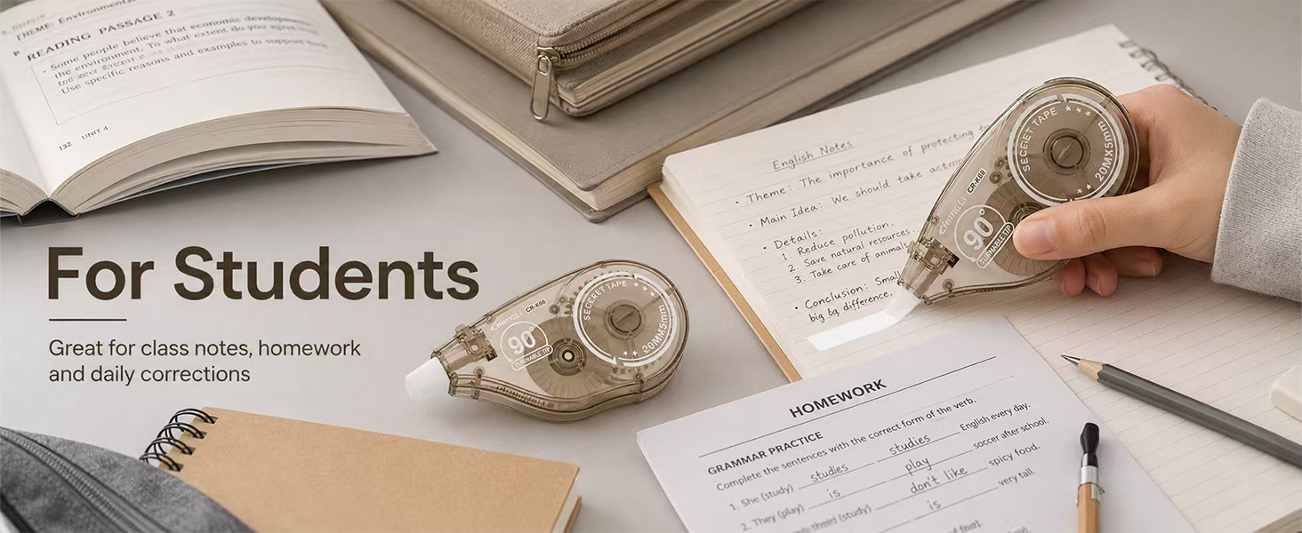 Student uses brown dry correction tape on school notes and homework pages for neat clean coverage.