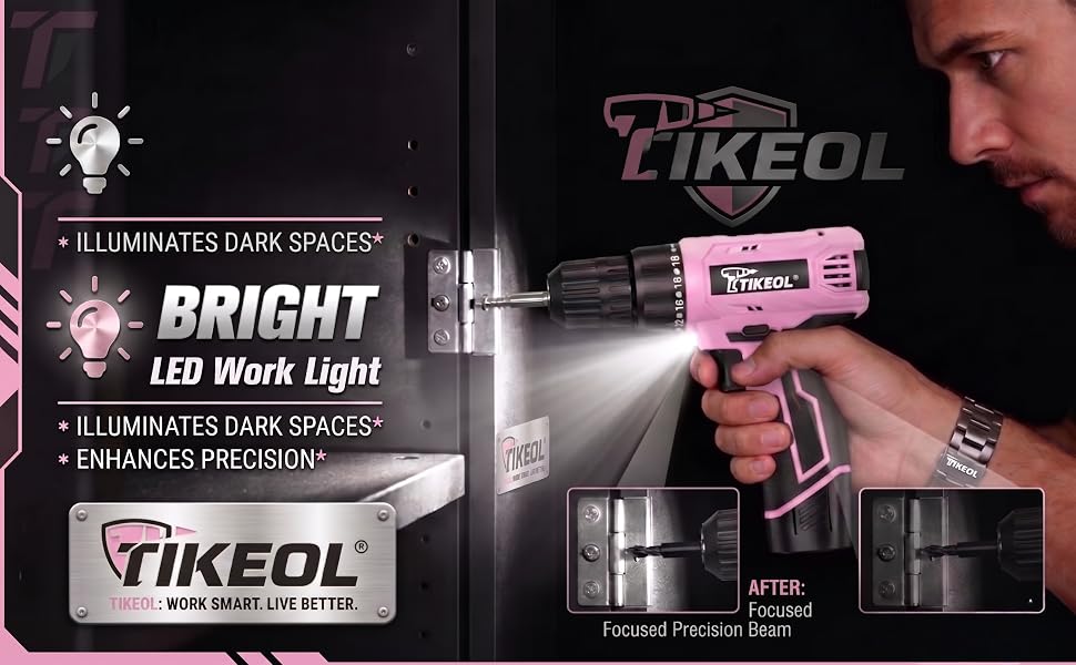 TIKEOL 12V Pink Drill: 3/8" keyless chuck, LED light. Perfect for home DIY & repairs.