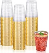 DaYammi 200 Pack Gold Plastic Cups 10 Oz Clear Plastic Cups Gold Rimmed Disposable Wine Glasses H...