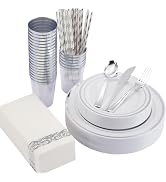 ISFANGCO 200 Pieces Plastic Plates, Disposable Silverware for 25 Guests, Dinnerware Set (Silver)