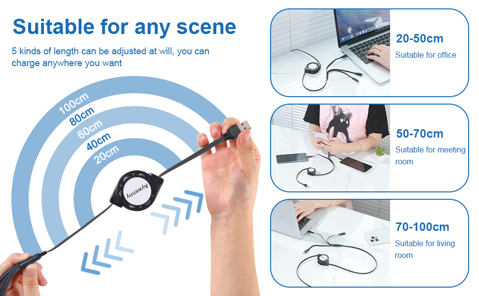3 Pack Multi Retractable Charging Cable, 3 in 1 USB Charging Cable with USB C/Micro USB/Phone Port