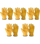 OZERO 5 Pairs Leather Work Gloves Flex Grip Tough Cowhide Gardening Glove for Wood Cutting/Constr...