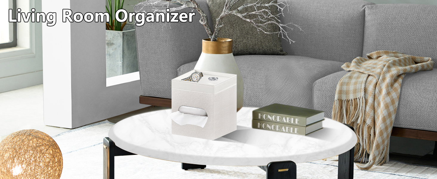 Tissue Box Cover Square, PU Leather Tissue Cube Box Holder with Storage Valet Tray