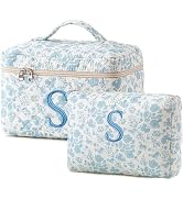HBselect 2Pcs Initial Makeup Bag, Quilted Makeup Bag, Cotton Large Travel Makeup Bag, Cute Floral...