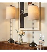 Qimh Buffet Lamps for Night Stands, 30.5" Tall Skinny Beside Lamps Set of 2 with Linen Shade and ...