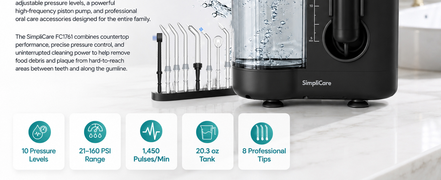 SimpliCare FC1761 countertop water flosser with 10 pressure levels, 600ml tank and 8 tips.