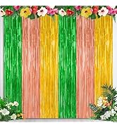 2 Pack Luau Party Supplies, 3.28 FT x 7.05 FT Summer Backdrop, Green Brown Yellow Backdrop Curtai...