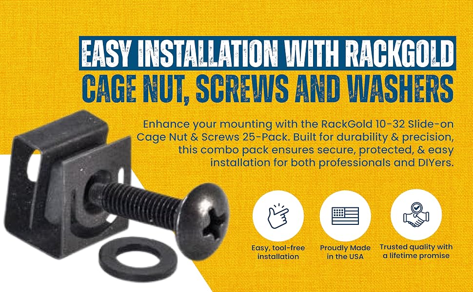 RackGold rackmount hardware kit black Slide-on cage nut washers bulk package USA-made zinc screws