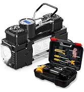 MESHUBA Dual Cylinder Tire Inflator Air Compressor with Tire Repair Kit and Toolbox Portable Air ...