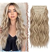 FESHFEN Clip in Hair Extensions - 4 PCS Long Wavy Thick Highlighted Clip in Hairpieces Synthetic ...