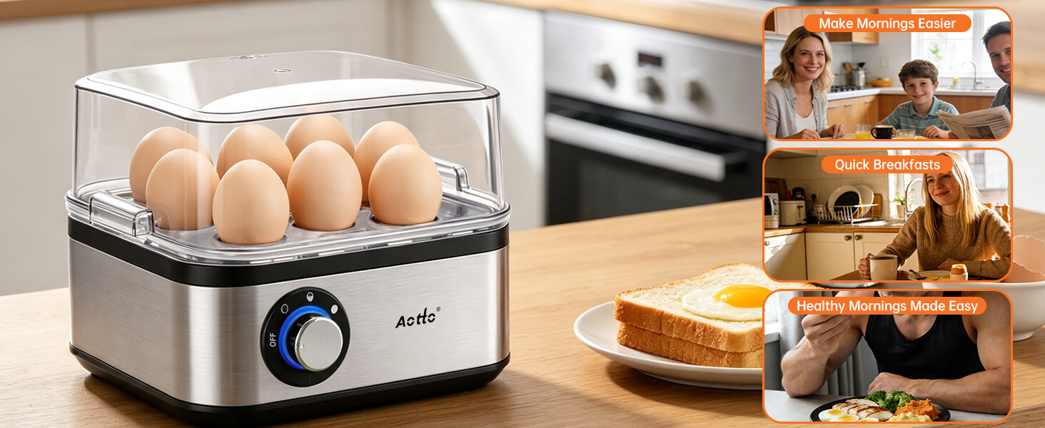 Stainless steel egg cooker with blue control dial on base, containing six brown eggs in transparent steaming chamber, with white plate of toast beside it. Right panel shows four usage scenario photos.