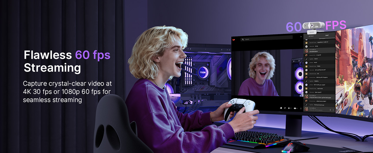 A gaming streamer uses this 60FPS webcam for smooth, stable streaming.