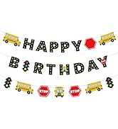 Faisichocalato DIY School Bus Happy Birthday Banner, Birthday Party Garland for Kids Yellow Bus B...