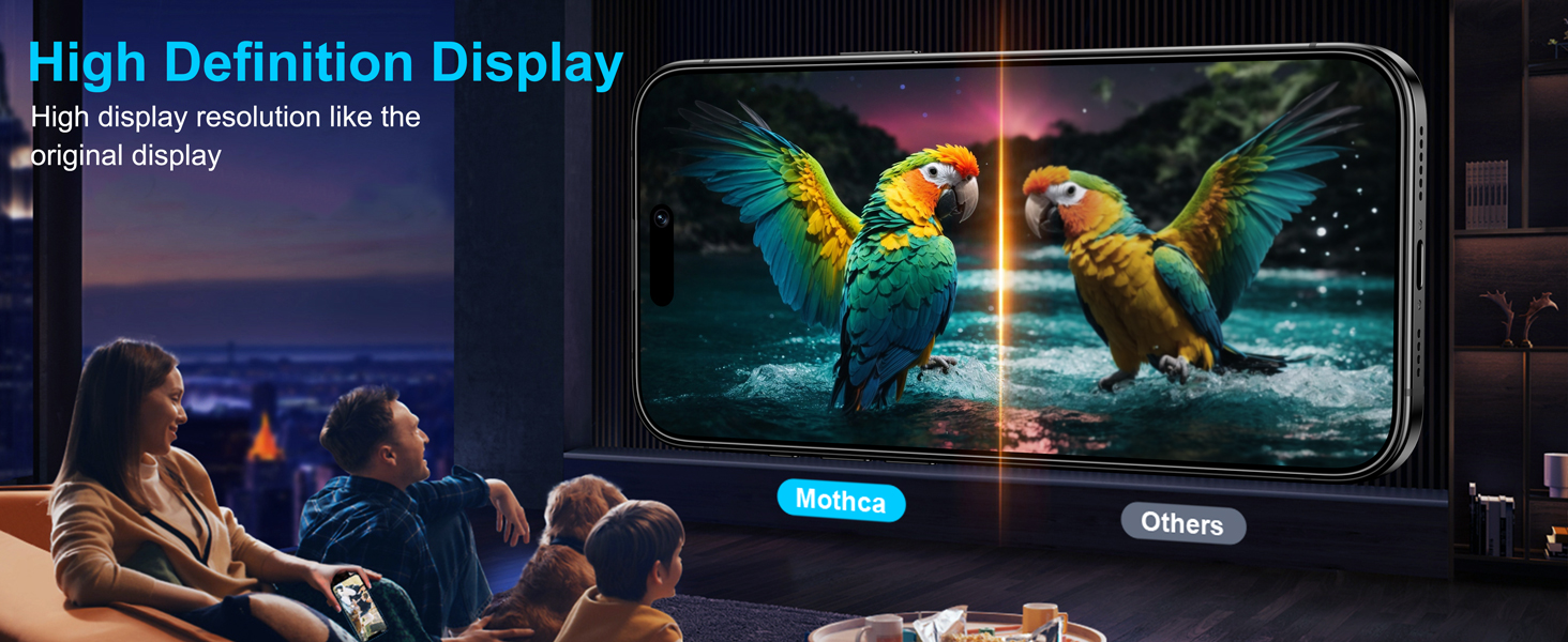 Smartphone displaying vibrant image of two parrots on high-definition screen. People in foreground viewing large projection, demonstrating device's display capabilities.