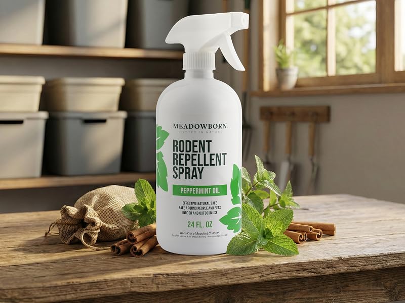Bottle on a shelf or garage workbench. Clean home setting. Subtle botanical elements