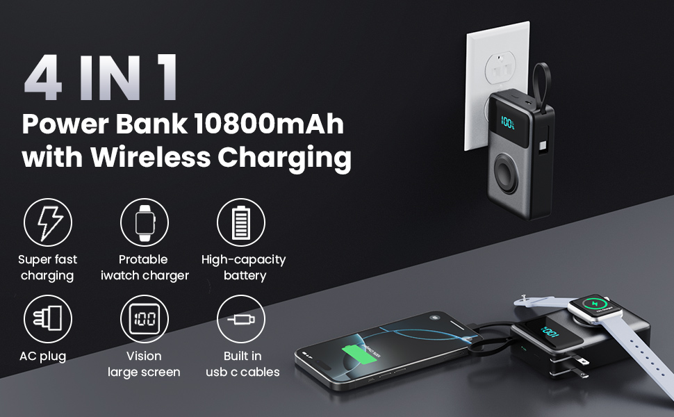 Portable Charger With Built-in Wall Plug&USB-C Cables,10800mAh Power Bank with iWatch Charger