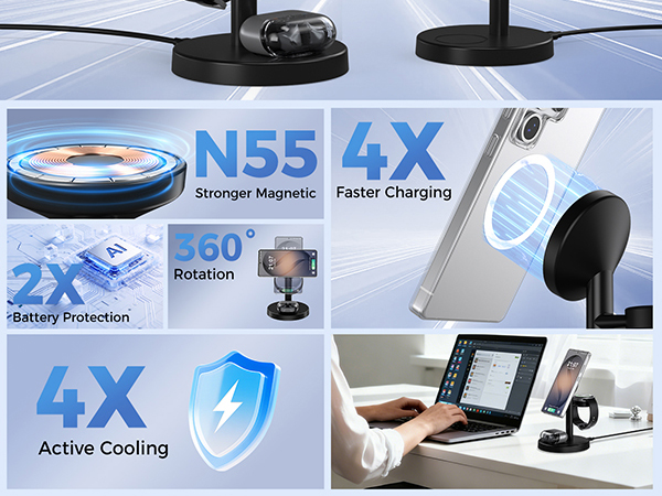 Magnetic Wireless Charger for Samsung, 3 in 1 Super Fast Charging Station Compatible with MagSafe
