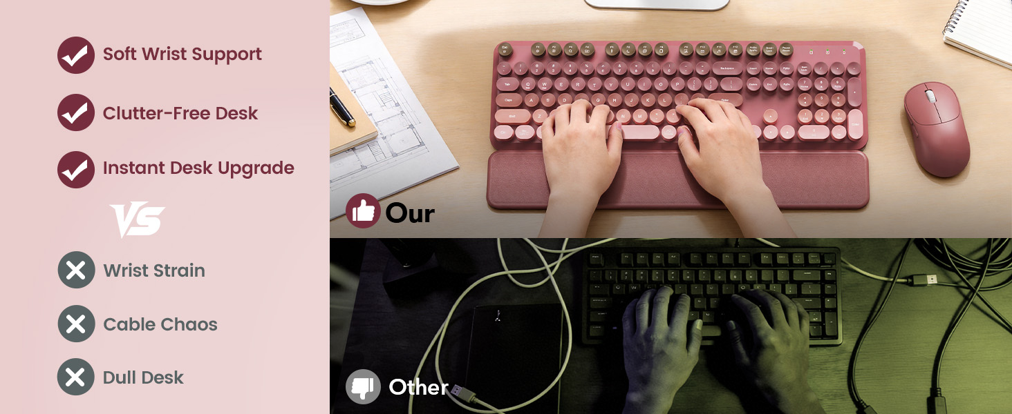 typing on wireless keyboard mouse with wrist rest clean desk setup compared to messy wired keyboard