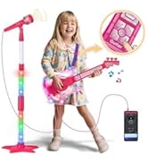 Kids Guitar and Microphone Set, Microphone with Stand and Color Light, Toy Guitar with Strap and ...