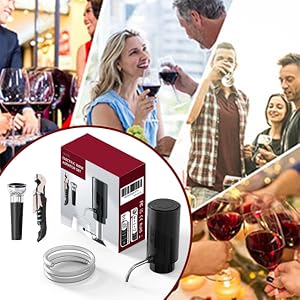 Wine accessory set including electric opener, aerator, foil cutter, and preservation system. Background shows people enjoying wine in social settings.