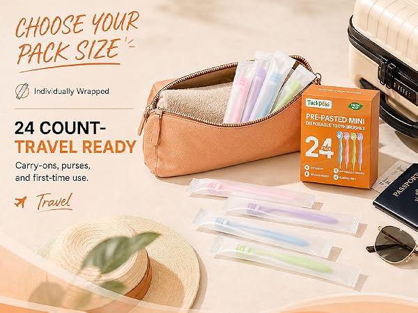 TuckPoki 24-count prepasted toothbrushes packed with carry-on travel essentials.