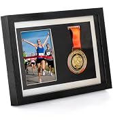 Hacaroa Medal Display Shadow Box, Single Medal and Photo Display Frame Case, Wood Marathon Medal ...