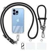 Phone lanyard case accessory with black cord strap and metal clips, shown with blue iPhone and detachable carabiner.