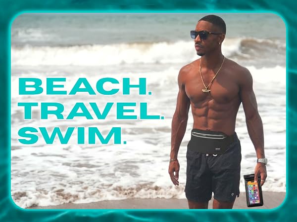 waterproof waist pack worn at beach for swimming travel surfing keeping phone wallet dry