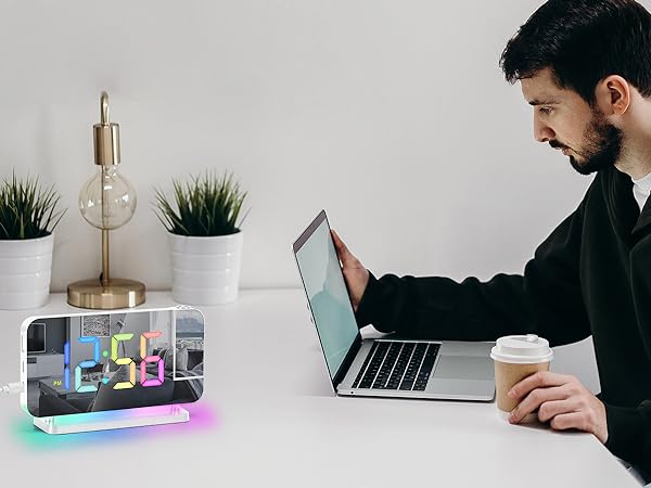 projection led mirror digital alarm clock with rgb night light