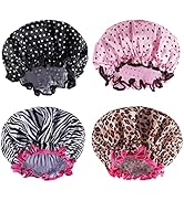 4 Pcs Reusable Shower Cap, Waterproof Shower Cap Elastic Double Layers Shower Hat Bath Caps for W...